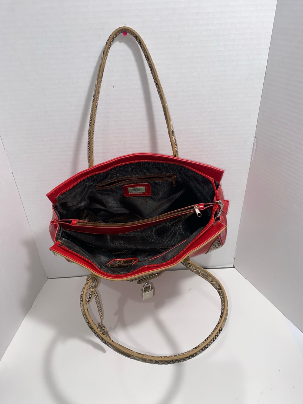 Bolma Red & Snake Print Satchel Handbag - Picture 7 of 8